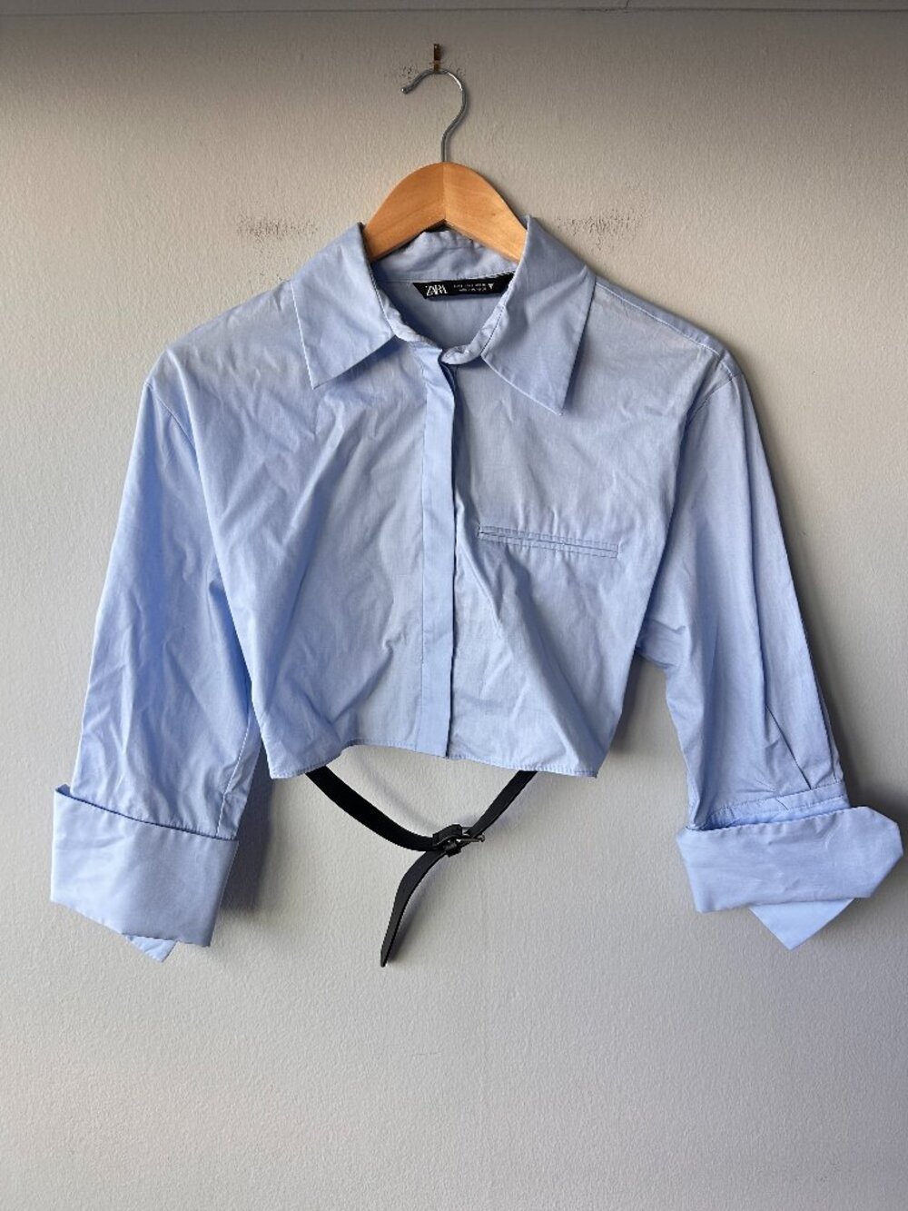 Zara Open Back Belted Cropped Poplin Shirt Light Blue Long Sleeve S